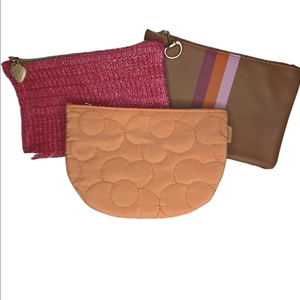 Set Of 3 Ipsy Pink Brown Orange Solid Stripe Makeup Cosmetic Bags